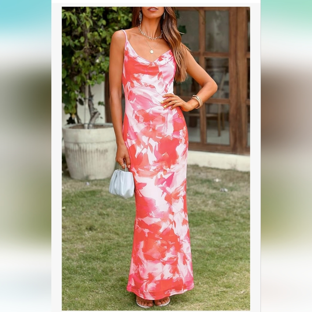 Vibrant Coral Flora Slim Fit Maxi Dress NWT WELL LINED - Picture 3 of 7